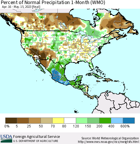 North America Percent of Normal Precipitation 1-Month (WMO) Thematic Map For 4/16/2023 - 5/15/2023