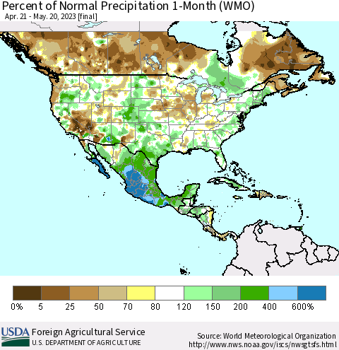 North America Percent of Normal Precipitation 1-Month (WMO) Thematic Map For 4/21/2023 - 5/20/2023