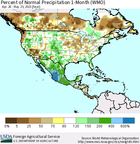 North America Percent of Normal Precipitation 1-Month (WMO) Thematic Map For 4/26/2023 - 5/25/2023