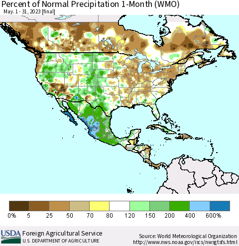 North America Percent of Normal Precipitation 1-Month (WMO) Thematic Map For 5/1/2023 - 5/31/2023