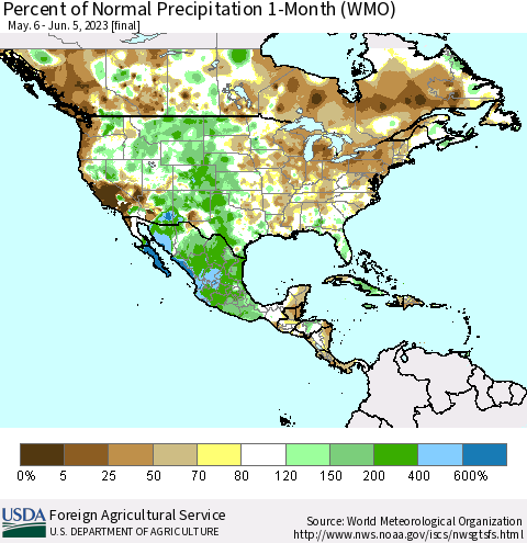 North America Percent of Normal Precipitation 1-Month (WMO) Thematic Map For 5/6/2023 - 6/5/2023