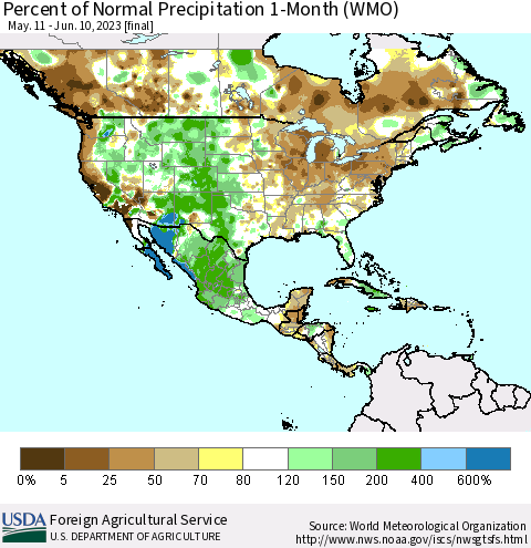 North America Percent of Normal Precipitation 1-Month (WMO) Thematic Map For 5/11/2023 - 6/10/2023