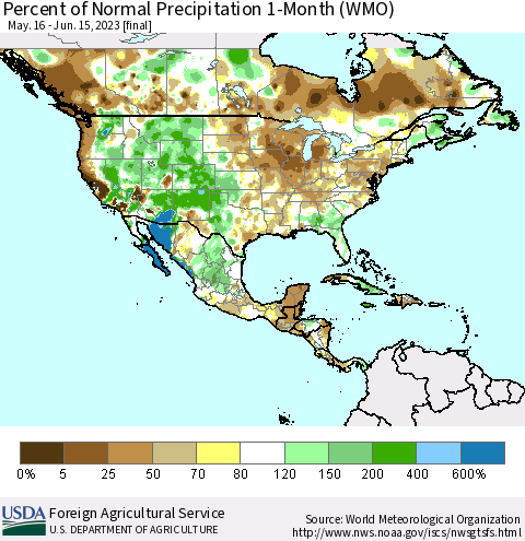 North America Percent of Normal Precipitation 1-Month (WMO) Thematic Map For 5/16/2023 - 6/15/2023
