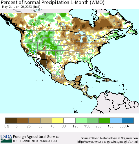 North America Percent of Normal Precipitation 1-Month (WMO) Thematic Map For 5/21/2023 - 6/20/2023