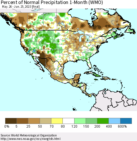 North America Percent of Normal Precipitation 1-Month (WMO) Thematic Map For 5/26/2023 - 6/25/2023