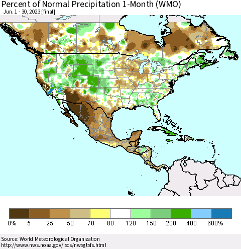 North America Percent of Normal Precipitation 1-Month (WMO) Thematic Map For 6/1/2023 - 6/30/2023
