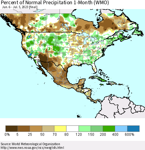 North America Percent of Normal Precipitation 1-Month (WMO) Thematic Map For 6/6/2023 - 7/5/2023