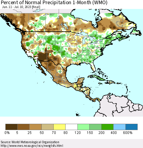 North America Percent of Normal Precipitation 1-Month (WMO) Thematic Map For 6/11/2023 - 7/10/2023