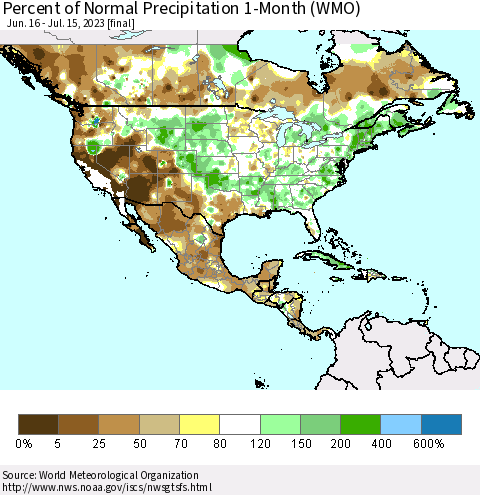 North America Percent of Normal Precipitation 1-Month (WMO) Thematic Map For 6/16/2023 - 7/15/2023