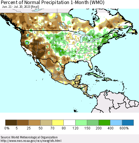 North America Percent of Normal Precipitation 1-Month (WMO) Thematic Map For 6/21/2023 - 7/20/2023