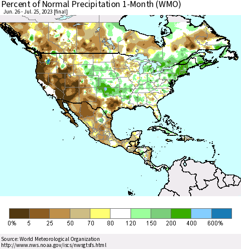 North America Percent of Normal Precipitation 1-Month (WMO) Thematic Map For 6/26/2023 - 7/25/2023