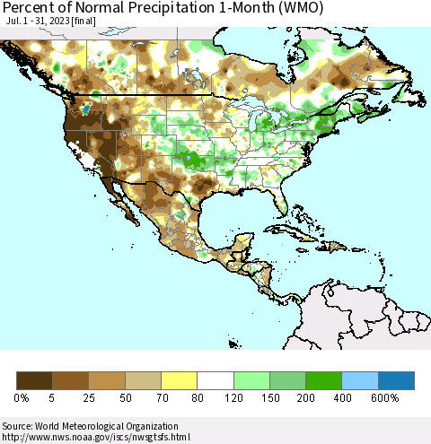 North America Percent of Normal Precipitation 1-Month (WMO) Thematic Map For 7/1/2023 - 7/31/2023
