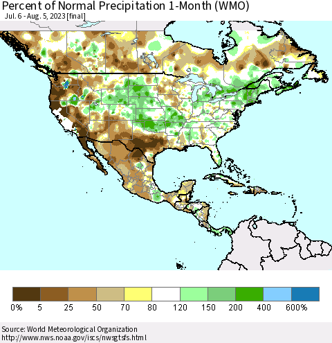 North America Percent of Normal Precipitation 1-Month (WMO) Thematic Map For 7/6/2023 - 8/5/2023