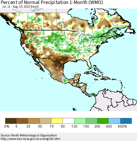 North America Percent of Normal Precipitation 1-Month (WMO) Thematic Map For 7/11/2023 - 8/10/2023