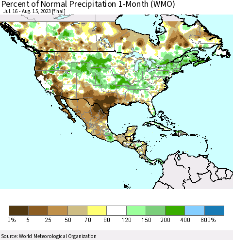 North America Percent of Normal Precipitation 1-Month (WMO) Thematic Map For 7/16/2023 - 8/15/2023