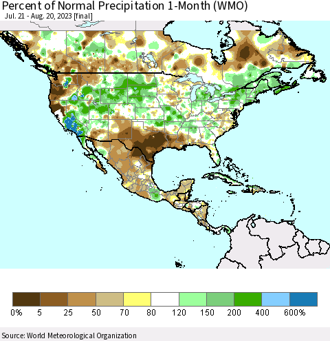 North America Percent of Normal Precipitation 1-Month (WMO) Thematic Map For 7/21/2023 - 8/20/2023