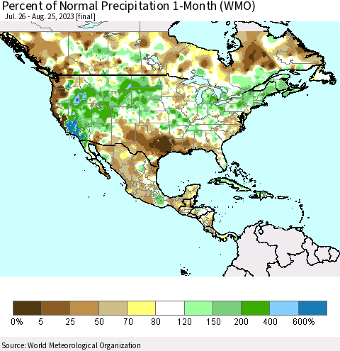 North America Percent of Normal Precipitation 1-Month (WMO) Thematic Map For 7/26/2023 - 8/25/2023