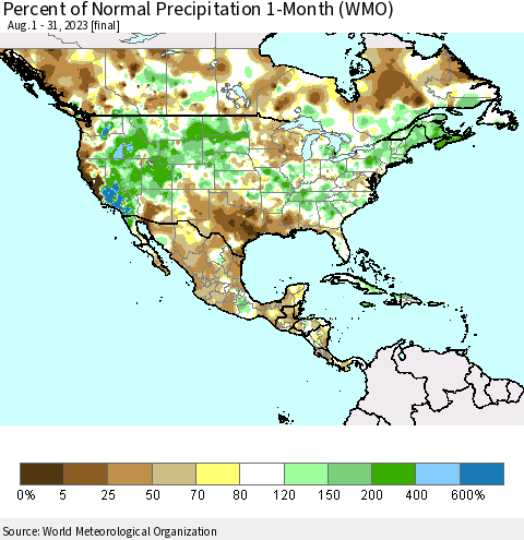 North America Percent of Normal Precipitation 1-Month (WMO) Thematic Map For 8/1/2023 - 8/31/2023