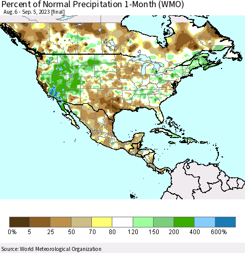 North America Percent of Normal Precipitation 1-Month (WMO) Thematic Map For 8/6/2023 - 9/5/2023