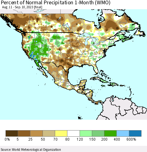 North America Percent of Normal Precipitation 1-Month (WMO) Thematic Map For 8/11/2023 - 9/10/2023