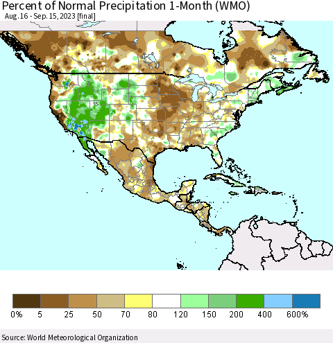North America Percent of Normal Precipitation 1-Month (WMO) Thematic Map For 8/16/2023 - 9/15/2023