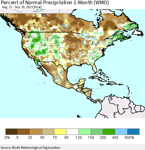 North America Percent of Normal Precipitation 1-Month (WMO) Thematic Map For 8/21/2023 - 9/20/2023
