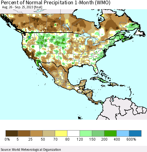 North America Percent of Normal Precipitation 1-Month (WMO) Thematic Map For 8/26/2023 - 9/25/2023