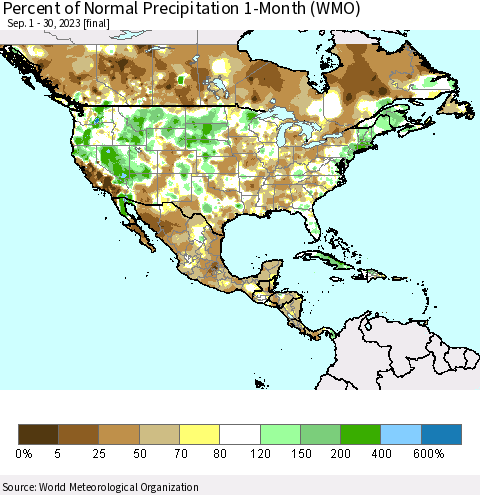 North America Percent of Normal Precipitation 1-Month (WMO) Thematic Map For 9/1/2023 - 9/30/2023
