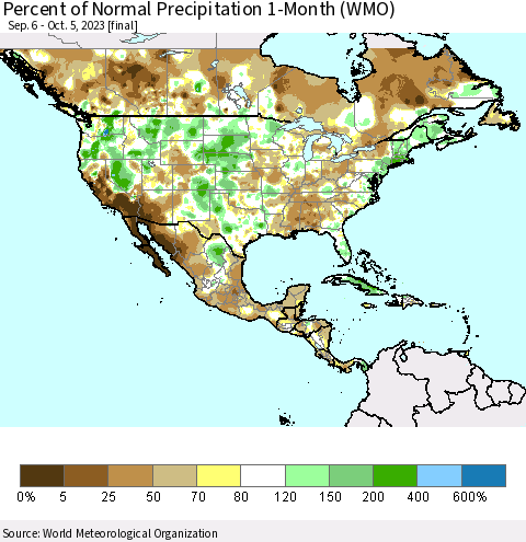 North America Percent of Normal Precipitation 1-Month (WMO) Thematic Map For 9/6/2023 - 10/5/2023