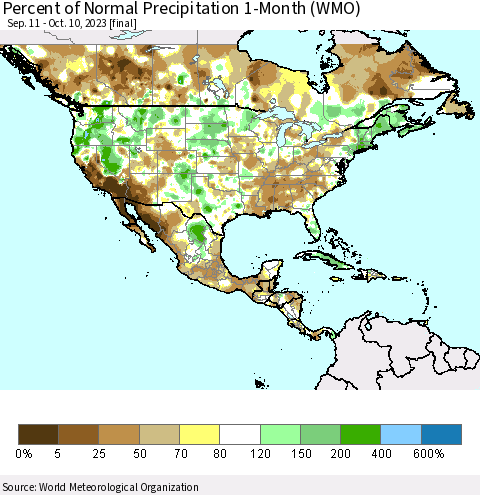 North America Percent of Normal Precipitation 1-Month (WMO) Thematic Map For 9/11/2023 - 10/10/2023