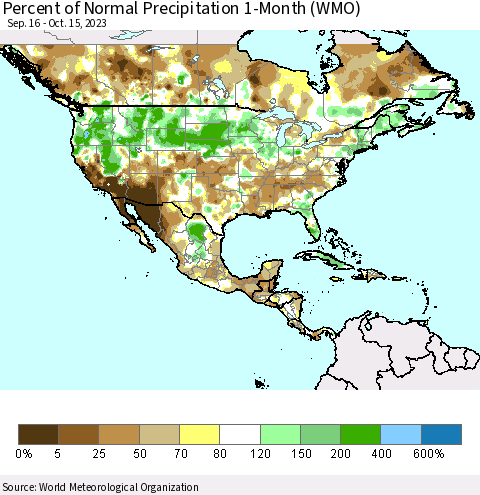 North America Percent of Normal Precipitation 1-Month (WMO) Thematic Map For 9/16/2023 - 10/15/2023