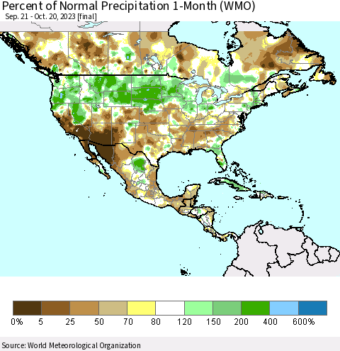 North America Percent of Normal Precipitation 1-Month (WMO) Thematic Map For 9/21/2023 - 10/20/2023