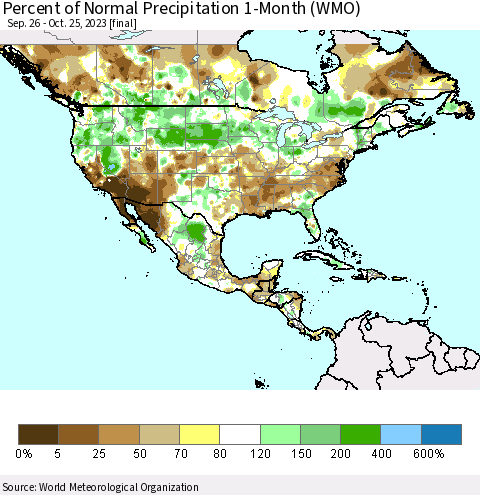 North America Percent of Normal Precipitation 1-Month (WMO) Thematic Map For 9/26/2023 - 10/25/2023