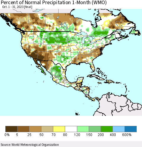 North America Percent of Normal Precipitation 1-Month (WMO) Thematic Map For 10/1/2023 - 10/31/2023