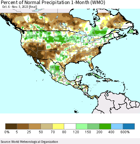 North America Percent of Normal Precipitation 1-Month (WMO) Thematic Map For 10/6/2023 - 11/5/2023