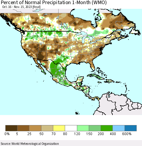 North America Percent of Normal Precipitation 1-Month (WMO) Thematic Map For 10/16/2023 - 11/15/2023