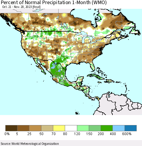 North America Percent of Normal Precipitation 1-Month (WMO) Thematic Map For 10/21/2023 - 11/20/2023