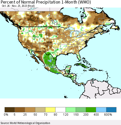 North America Percent of Normal Precipitation 1-Month (WMO) Thematic Map For 10/26/2023 - 11/25/2023