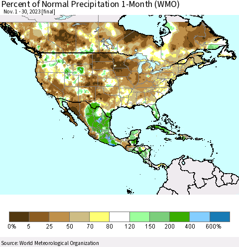 North America Percent of Normal Precipitation 1-Month (WMO) Thematic Map For 11/1/2023 - 11/30/2023