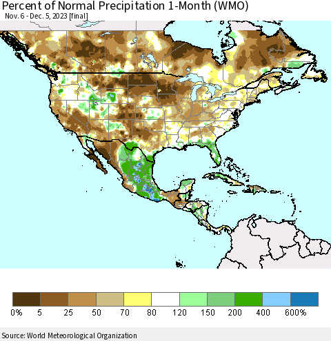 North America Percent of Normal Precipitation 1-Month (WMO) Thematic Map For 11/6/2023 - 12/5/2023