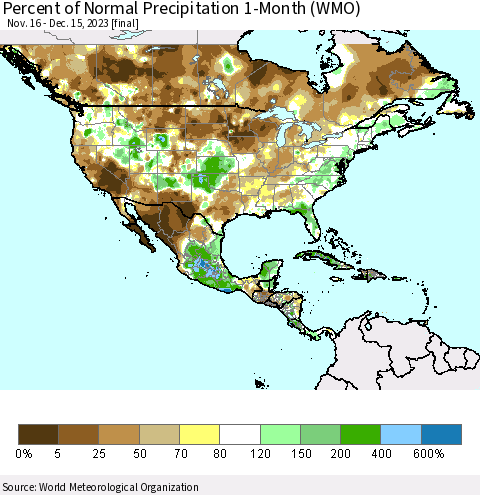North America Percent of Normal Precipitation 1-Month (WMO) Thematic Map For 11/16/2023 - 12/15/2023