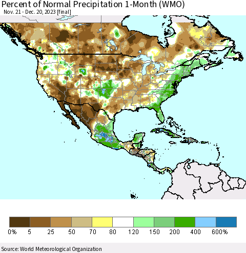North America Percent of Normal Precipitation 1-Month (WMO) Thematic Map For 11/21/2023 - 12/20/2023