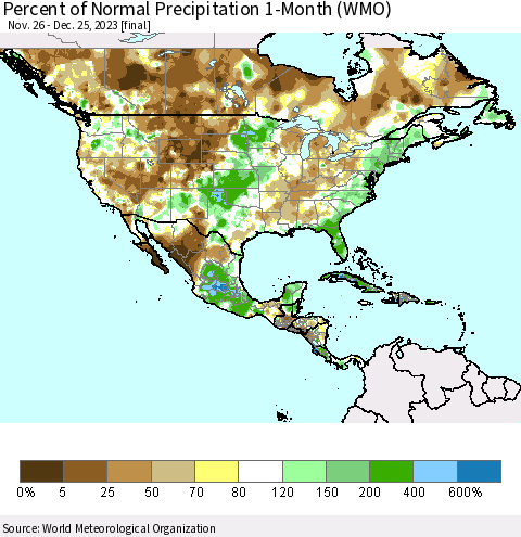 North America Percent of Normal Precipitation 1-Month (WMO) Thematic Map For 11/26/2023 - 12/25/2023