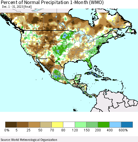 North America Percent of Normal Precipitation 1-Month (WMO) Thematic Map For 12/1/2023 - 12/31/2023