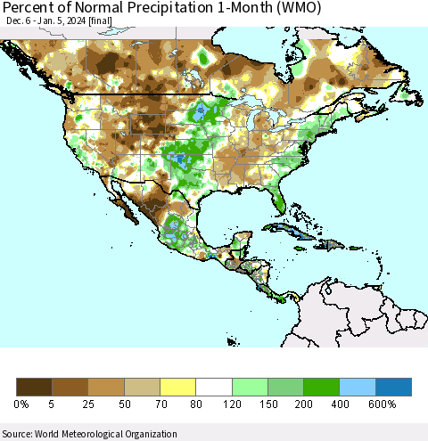 North America Percent of Normal Precipitation 1-Month (WMO) Thematic Map For 12/6/2023 - 1/5/2024