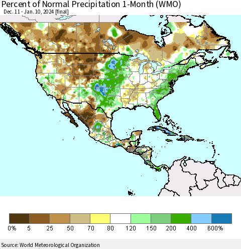 North America Percent of Normal Precipitation 1-Month (WMO) Thematic Map For 12/11/2023 - 1/10/2024