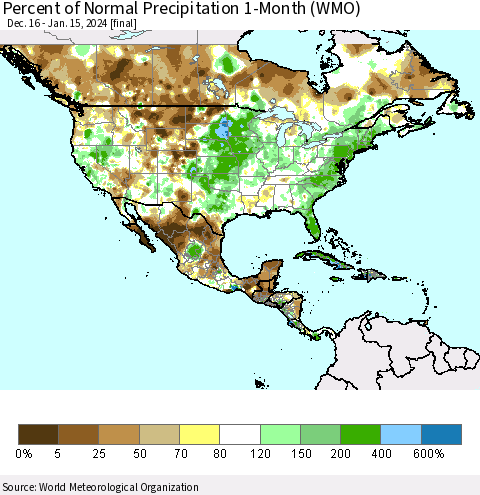 North America Percent of Normal Precipitation 1-Month (WMO) Thematic Map For 12/16/2023 - 1/15/2024