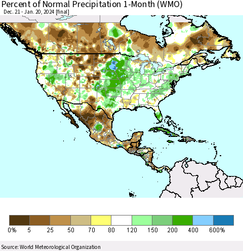 North America Percent of Normal Precipitation 1-Month (WMO) Thematic Map For 12/21/2023 - 1/20/2024
