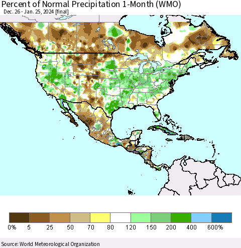 North America Percent of Normal Precipitation 1-Month (WMO) Thematic Map For 12/26/2023 - 1/25/2024