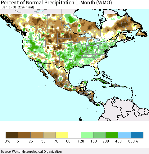 North America Percent of Normal Precipitation 1-Month (WMO) Thematic Map For 1/1/2024 - 1/31/2024